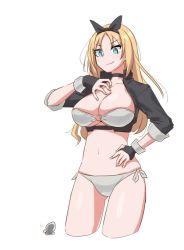 Rule 34 | 1girl, bikini, black gloves, black jacket, blonde hair, blue eyes, breasts, commentary request, cowboy shot, cropped jacket, cropped legs, fingerless gloves, gloves, jacket, kantai collection, large breasts, long sleeves, nelson (kancolle), race queen, side-tie bikini bottom, simple background, solo, swimsuit, tamu (mad works), white background, white bikini