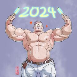 Rule 34 | 1boy, 2024, abs, bara, belt, brown belt, bulge, crave saga, eschados (crave saga), facial hair, glasses, glowstick, grey background, holding, holding glowstick, kumao-caffe, large pectorals, male focus, mature male, multicolored hair, muscular, muscular male, mustache, navel, nipples, old, old man, opaque glasses, pants, pectorals, red hair, short hair, solo, sparkle, steaming body, stomach, streaked facial hair, strongman waist, sweat, thick thighs, thighs, topless male, two-tone hair, very sweaty, white hair, white pants