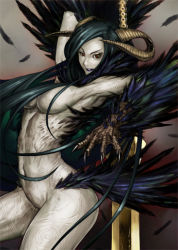 Rule 34 | 1girl, armpits, breasts, claws, feathers, green hair, harpy, horns, kometani hisanobu, large breasts, long hair, monster girl, nude, pale skin, red eyes, solo, wings