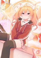 Rule 34 | 1girl, ahoge, black thighhighs, blue archive, blush, brown eyes, cake, cherry, closed mouth, commentary request, cup, dessert, doughnut, food, fruit, hair between eyes, hair ribbon, halo, highres, hood, hood down, hooded jacket, jacket, long hair, long sleeves, macaron, orange hair, pink skirt, pleated skirt, red jacket, ribbon, sitting, skirt, solo, strawberry, syhan, thighhighs, track jacket, twintails, yoshimi (blue archive)