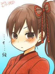 Rule 34 | 1girl, artist name, blush, brown eyes, brown hair, dated, frown, gradient background, japanese clothes, long hair, looking at viewer, lowres, motomiya mao, no pupils, ponytail, ryo (rosebud), signature, solo, taiyou no ie