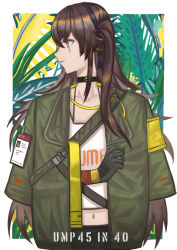 Rule 34 | 1girl, black choker, black gloves, brown eyes, brown hair, camouflage, camouflage jacket, character name, choker, closed mouth, crossed arms, girls&#039; frontline, gloves, hair ornament, hair ribbon, jacket, long hair, looking away, navel, ribbon, scar, scar across eye, scar on face, shirt, silayloe, simple background, solo, ump40 (girls&#039; frontline), ump45 (girls&#039; frontline), white shirt
