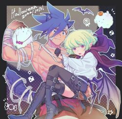 Rule 34 | 2boys, alternate costume, animal ears, asymmetrical clothes, asymmetrical hair, baggy pants, bat (animal), bat wings, belt, black pants, blue eyes, blue hair, boots, cape, carrying, carrying person, commentary, dog, doughnut, earrings, fang, food, galo thymos, green hair, halloween, halloween costume, hand on another&#039;s ass, highres, holding, holding food, jewelry, kome 1022, lio fotia, low wings, male focus, multiple belts, multiple boys, muscular, muscular male, open mouth, pants, pointy ears, promare, purple eyes, red cape, red pants, shirt, short hair, sidecut, single pantsleg, single thigh boot, smile, symbol-only commentary, tail, thigh belt, thigh boots, thigh strap, topless male, trap, triangle earrings, undercut, vampire, vampire costume, werewolf, white shirt, wings, wolf boy, wolf ears, wolf tail