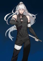 Rule 34 | 1boy, bandaged leg, bandages, bare shoulders, black gloves, covered navel, earrings, elbow gloves, fingerless gloves, gloves, gradient background, hair between eyes, hand gesture, highres, hikarusorano, holding, holding sword, holding weapon, jewelry, long hair, male focus, original, parted lips, ponytail, red eyes, smile, solo, standing, sword, weapon, white hair