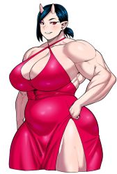 Rule 34 | 1girl, belly, breasts, covered navel, dress, earrings, elf-san wa yaserarenai., fang, halter dress, halterneck, hand on own hip, highres, horns, huge breasts, jewelry, looking at viewer, midriff, muscular, muscular female, oga (elf-san wa yaserarenai.), plump, pointy ears, ponytail, short hair, simple background, solo, synecdoche, teeth, thick thighs, thighs, white background