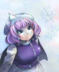 Rule 34 | 1girl, apron, bad id, bad pixiv id, blue eyes, blush, breasts, cape, from above, gradient background, hat, ichiba youichi, large breasts, letty whiterock, light purple hair, long sleeves, looking away, looking up, mob cap, multicolored hair, pin, short hair, smile, snowflakes, solo, touhou, upper body, vest, waist apron