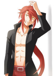 Rule 34 | 1boy, aaron wei, abs, arm up, ashibe-kaoru, belt, black shirt, closed mouth, collarbone, commentary request, eiyuu densetsu, hair between eyes, highres, kuro no kiseki (series), kuro no kiseki i, male focus, open clothes, open shirt, pants, pectoral cleavage, pectorals, red hair, red pants, shirt, smile, solo, upper body