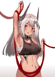 Rule 34 | 1girl, arknights, arm up, armpits, bandages, bare arms, bare shoulders, black collar, blush, collar, commentary, crop top, cundang, gradient background, grey background, hand up, head tilt, highres, horns, infection monitor (arknights), long hair, material growth, mudrock (arknights), navel, oripathy lesion (arknights), parted lips, pointy ears, red eyes, red ribbon, ribbon, sarashi, silver hair, solo, sports bra, stomach, sweat, upper body, white background