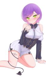 Rule 34 | 1girl, absurdres, black corset, blush, chocomaru, colored inner hair, corset, demon girl, demon tail, green eyes, highres, hololive, looking at viewer, multicolored hair, official alternate costume, piercing, pink hair, purple hair, shirt, short hair, shorts, solo, tail, tail around own leg, tail ornament, tail piercing, tokoyami towa, tokoyami towa (7th costume), virtual youtuber, white shirt, white shorts