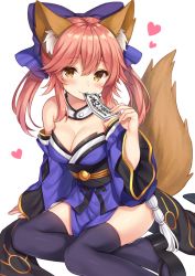 Rule 34 | 10s, 1girl, animal ears, bare shoulders, black footwear, black thighhighs, blush, bow, breasts, brown eyes, cleavage, collar, detached sleeves, fate/extra, fate (series), fox ears, fox tail, hair bow, heart, long hair, looking at viewer, medium breasts, obi, ofuda, pink hair, sandals, sash, shiromikan, sidelocks, simple background, sitting, smile, solo, tail, tamamo (fate), tamamo no mae (fate/extra), thighhighs, twintails, white background