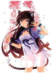 Rule 34 | 1girl, absurdres, animal ears, black hair, blue eyes, breasts, choker, cleavage, collarbone, cropped jacket, dress, h2so4, highres, huge filesize, long hair, mouth hold, original, petals, scan, see-through silhouette, solo, tail, tiger ears, tiger tail, white dress, wrist cuffs