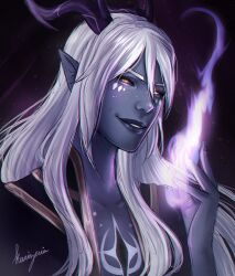 Rule 34 | 1boy, aaravos (the dragon prince), artist name, black horns, colored skin, crxsszeria, elf, grey skin, hair between eyes, horns, long hair, magic, male focus, parted lips, pointy ears, solo, the dragon prince, upper body, white hair, yellow eyes