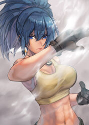 Rule 34 | 1girl, abs, bare shoulders, blue eyes, blue hair, bouncing breasts, breasts, cleavage, crop top, dog tags, earrings, gloves, hinoru saikusa, jewelry, large breasts, leona heidern, looking at viewer, midriff, muscular, muscular female, navel, ponytail, the king of fighters, triangle earrings