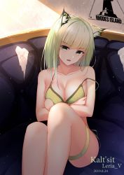 Rule 34 | 1girl, animal ears, arknights, bare arms, bare legs, bare shoulders, bean bag chair, bikini, breasts, cat ears, cleavage, collarbone, commentary request, crossed arms, fang, frown, green bikini, green eyes, green hair, highres, kal&#039;tsit (arknights), large breasts, leria v, looking at viewer, medium hair, open mouth, reclining, side-tie bikini bottom, solo, swimsuit, thigh strap, untied bikini