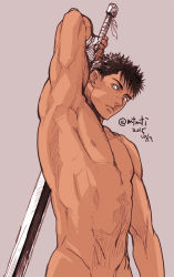 Rule 34 | 1boy, arm up, armpits, berserk, black hair, enaki (mtmti), groin, guts (berserk), holding, holding sword, holding weapon, looking at viewer, male focus, muscular, nude, out-of-frame censoring, purple background, short hair, simple background, sword, twitter username, very short hair, weapon