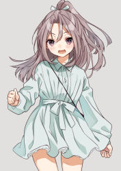 Rule 34 | 1girl, aqua dress, blush, brown eyes, buttons, collared dress, cowboy shot, dress, grey background, high ponytail, kantai collection, light brown hair, long hair, long sleeves, looking at viewer, mitsuyo (mituyo324), open mouth, simple background, smile, solo, zuihou (kancolle)