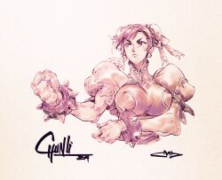 Rule 34 | 1girl, bracelet, breasts, capcom, character name, chun-li, clenched hand, closed mouth, covered erect nipples, david liu, double bun, earrings, fighting stance, hair bun, hair ribbon, highres, huge breasts, jewelry, looking to the side, monochrome, pearl earrings, puffy short sleeves, puffy sleeves, ribbon, sepia, serious, short hair, short sleeves, signature, simple background, solo, spiked bracelet, spikes, street fighter, toned, upper body, white background, wind