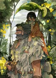 Rule 34 | 2boys, bandaged foot, bandages, barefoot, beard, black eyes, black hair, braid, carrying, drenched-in-sunlight, facial hair, father and son, forest, great shinobi owl, grey hair, hair between eyes, highres, holding, holding leaf, jitome, leaf, long hair, looking at viewer, looking to the side, male focus, multiple boys, nature, old, old man, red eyes, sanpaku, sash, sekiro, sekiro: shadows die twice, shoulder carry, stirrup legwear, toeless legwear, very long hair, aged down