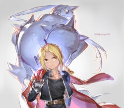 Rule 34 | alphonse elric, armor, belt, black pants, black shirt, blonde hair, blouse, braid, brothers, closed mouth, coat, commentary, edward elric, emmmerald, english commentary, full armor, fullmetal alchemist, grey background, hand up, helm, helmet, jacket, jacket on shoulders, long hair, looking at viewer, looking back, male focus, mechanical arms, open clothes, open jacket, pants, parted bangs, ponytail, red coat, shirt, shoulder spikes, siblings, simple background, single braid, single mechanical arm, smile, spikes, twitter username, yellow eyes