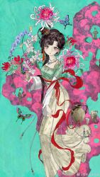 Rule 34 | 1girl, aqua background, biseijin, black eyes, black hair, blue flower, bug, butterfly, chinese clothes, chinese hairpin, chrysanthemum, cup, flower, full body, green shirt, hair bun, hair ornament, hanfu, highres, holding, holding cup, insect, jewelry, jiu niangzi, kettle, layered sleeves, long hair, long skirt, long sleeves, necklace, parted lips, pink flower, red flower, red shawl, reverse:1999, rock, shawl, shirt, short over long sleeves, short sleeves, single side bun, skirt, solo, statuette, tassel, tassel hair ornament, weibo logo, weibo watermark, white flower, white sleeves, yellow skirt