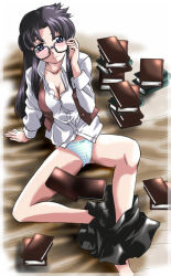 Rule 34 | 00s, 1girl, black hair, blue eyes, blush, book, breasts, cameltoe, cleavage, glasses, large breasts, long hair, looking at viewer, messy hair, mikage nao, panties, read or die, skirt, solo, striped clothes, striped panties, underwear, undressing, vest, yomiko readman