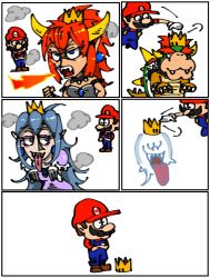 Rule 34 | 2boys, boo (mario), bowser, bowsette, breath weapon, breathing fire, collar, comic, fire, highres, horns, luigi&#039;s mansion, male focus, mario, mario (series), multiple boys, new super mario bros. u deluxe, nintendo, princess king boo, short sleeves, silent comic, spiked collar, spikes, super crown, thinking, transformation