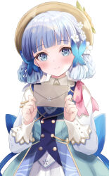 Rule 34 | 1girl, ayaka (genshin impact), blue eyes, blue hair, blue jacket, braid, braided hair rings, brown hat, butterfly hair ornament, closed mouth, collared shirt, commentary request, envelope, flower, genshin impact, hair flower, hair ornament, hair rings, hands up, hat, highres, holding, holding envelope, jacket, kamisato ayaka, kamisato ayaka (springbloom missive), long sleeves, looking at viewer, motoi ayumu, pleated skirt, puffy long sleeves, puffy sleeves, shirt, simple background, skirt, smile, solo, twin braids, white background, white flower, white shirt, white skirt