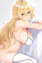 Rule 34 | 1girl, anza tomo, armpits, bare shoulders, bikini, bikini top only, blonde hair, blue eyes, blurry, blush, bottomless, breasts, cleavage, commentary request, elf, gloves, hair between eyes, head tilt, highres, large breasts, long hair, looking at viewer, looking to the side, original, parted lips, pointy ears, sidelocks, sitting, smile, solo, swimsuit, thighhighs, thighs, wariza, white bikini, white gloves, white thighhighs