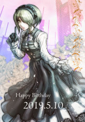 Rule 34 | 1girl, absurdres, black dress, black gloves, blonde hair, breasts, commentary request, danganronpa (series), danganronpa v3: killing harmony, dated, dress, floral print, gloves, green eyes, hair over one eye, hairband, happy birthday, highres, huge filesize, long dress, long sleeves, looking at viewer, maid, maid headdress, medium breasts, minster (dooke), necktie, pinafore dress, shirt, short hair, sleeveless, sleeveless dress, smile, solo, tojo kirumi