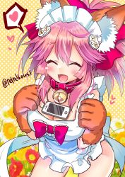 Rule 34 | 1girl, animal ears, apron, balancing, bell, breasts, cleavage, closed eyes, collar, fangs, fate/grand order, fate (series), fox ears, hair ribbon, heart, highres, large breasts, long hair, looking at viewer, naked apron, neck bell, open mouth, pink hair, ribbon, solo, speech bubble, tamamo (fate), tamamo cat (fate), tamamo cat (third ascension) (fate), tamamo no mae (fate/extra), tawawa challenge, teltelhousi