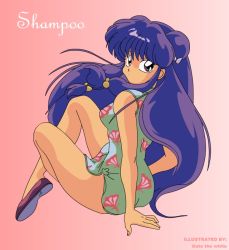Rule 34 | 1girl, ass, blue hair, breasts, china dress, chinese clothes, dress, female focus, full body, gradient background, legs, long hair, looking back, miniskirt, purple hair, ranma 1/2, shampoo (ranma 1/2), short dress, skirt, solo, tagme, thighs