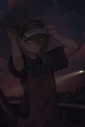 Rule 34 | 1girl, baseball cap, ceres fauna, cloud, commentary, dredge (video game), english commentary, green hair, green nails, hat, highres, hololive, hololive english, lighthouse, mole, mole under eye, monster, night, ocean, outdoors, paintrfiend, sky, solo, virtual youtuber, water, yellow eyes