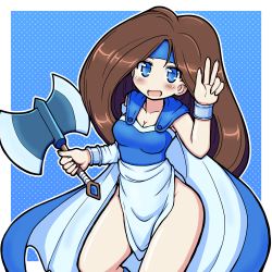 Rule 34 | 1girl, :d, axe, blue background, blue eyes, blush, breasts, brown hair, cape, cleavage, cowboy shot, diane (monster maker), eruru (erl), headband, highres, holding, holding weapon, long hair, looking at viewer, monster maker, no nose, open mouth, polka dot, polka dot background, smile, solo, weapon, wide hips, wrist cuffs