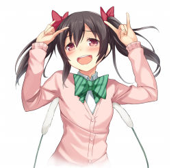 Rule 34 | 10s, 1girl, :d, \m/, bad id, bad pixiv id, black hair, blush, bow, bowtie, buttons, cardigan, cat teaser, cccpo, double \m/, hair bow, love live!, love live! school idol project, open mouth, red eyes, school uniform, smile, solo, striped, striped bow, teeth, tickling, tickling armpits, twintails, wavy mouth, white background, yazawa nico