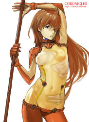 Rule 34 | 00s, 1girl, armpits, blue eyes, bodysuit, breasts, brown hair, evangelion: 2.0 you can (not) advance, hair over one eye, highres, holding, holding polearm, holding spear, holding weapon, kiyohisa, lance of longinus (evangelion), long hair, multicolored clothes, navel, neon genesis evangelion, nipples, plugsuit, polearm, rebuild of evangelion, red bodysuit, see-through, see-through bodysuit, shiny clothes, simple background, skin tight, small breasts, solo, souryuu asuka langley, spear, test plugsuit, torn bodysuit, torn clothes, very long hair, weapon, white background, wide hips