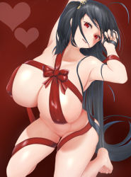 Rule 34 | 1girl, ahoge, azur lane, black hair, blush, breasts, cleavage, collarbone, commentary request, covered erect nipples, hair ornament, hand in own hair, hands up, head tilt, heart, highres, huge breasts, long hair, looking at viewer, naked ribbon, nurun nuruntius, open mouth, red background, red eyes, red ribbon, ribbon, simple background, smile, solo, squatting, taihou (azur lane), very long hair