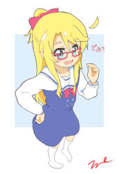 Rule 34 | 1girl, :d, aayh, blonde hair, blue background, blue dress, blue eyes, bow, commentary request, dress, full body, glasses, hair between eyes, hair bow, hand on own hip, himesaka noa, kneehighs, long hair, long sleeves, looking at viewer, open mouth, ponytail, red-framed eyewear, red bow, school uniform, shirt, signature, sleeveless, sleeveless dress, smile, socks, solo, standing, thick eyebrows, translation request, two-tone background, very long hair, watashi ni tenshi ga maiorita!, white background, white shirt, white socks