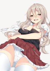 Rule 34 | 10s, 1girl, 2017, blush, breasts, brown eyes, cameltoe, commentary request, cowboy shot, crotch, dated, dutch angle, frilled skirt, frills, from below, grey background, highres, kantai collection, light brown hair, long hair, looking at viewer, looking down, miniskirt, nebusoku, open clothes, open mouth, open shirt, panties, pantyshot, pola (kancolle), shirt, simple background, skindentation, skirt, smile, solo, thigh gap, thighhighs, twitter username, underwear, upskirt, white background, white panties, white thighhighs