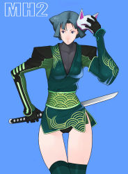Rule 34 | 1girl, arm behind back, asymmetrical clothes, black panties, blue eyes, breasts, capcom, character request, g-room honten, green hair, green thighhighs, grey hair, japanese clothes, katana, kimono, leotard, mask, unworn mask, monster hunter, monster hunter (series), monster hunter 2, panties, seigaiha, short hair, short kimono, simple background, solo, sword, thigh gap, thighhighs, thighs, underwear, weapon