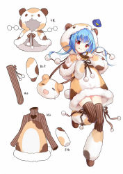 Rule 34 | 1girl, :t, alternate costume, animal bag, animal hood, arm warmers, bad id, bad pixiv id, bag, blue hair, blush, brown footwear, brown ribbon, brown thighhighs, capelet, closed mouth, clothing cutout, dress, eating, eyebrows, fake tail, food, food on face, fur trim, hat, unworn hat, unworn headwear, heart, heart cutout, holding, holding food, hood, leg warmers, long hair, long sleeves, looking at viewer, pom pom (clothes), quincy (warship girls r), red eyes, ribbon, shoes, shoulder bag, simple background, solo, standing, standing on one leg, tail, thighhighs, turtleneck, warship girls r, white background, zhenming