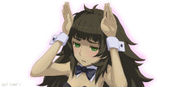 Rule 34 | 1girl, ahoge, arms up, black bow, black bowtie, black hair, blush, bow, bowtie, breasts, cleavage, dated, detached collar, embarrassed, green eyes, highres, hiyajou maho, leotard, long hair, looking at viewer, menomorute, outline, parted lips, playboy bunny, rabbit pose, simple background, small breasts, solo, steins;gate, steins;gate 0, thick eyebrows, translated, upper body, white background, wrist cuffs