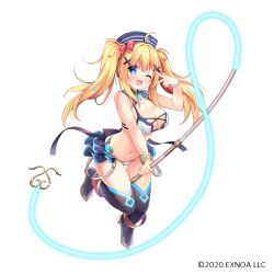 Rule 34 | 1girl, ;d, ahoge, anchor symbol, bad leg, bare shoulders, bikini, black footwear, blonde hair, blue eyes, blue hat, blush, boots, breasts, character request, cleavage, commentary request, copyright notice, fang, fortress girl, full body, hair ornament, hairclip, hat, highres, holding, holding weapon, large breasts, long hair, looking at viewer, navel, official art, one eye closed, open mouth, sailor hat, simple background, smile, solo, swimsuit, thigh boots, umeko machi, v over eye, very long hair, weapon, weapon request, white background, white bikini, x hair ornament