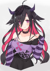 Rule 34 | 1girl, absurdres, bare shoulders, black dress, black hair, blouse, blush, closed mouth, dress, eyes visible through hair, goth fashion, gradient background, grey background, hair between eyes, hair flaps, hand up, highres, horns, layered clothes, long hair, long sleeves, multicolored hair, nijisanji, off-shoulder dress, off shoulder, pink hair, purple eyes, racchi., shirt, sleeves past wrists, solo, striped, torn clothes, torn shirt, two-tone hair, very long hair, virtual youtuber, wavy mouth, white background, yamiyono moruru