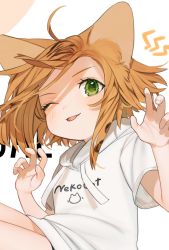 Rule 34 | 1girl, :p, ahoge, animal ears, cat ears, claw pose, clothes writing, commentary request, fang, fang out, gotou (nekocat), green eyes, hands up, highres, hood, hoodie, looking at viewer, one eye closed, orange hair, original, short hair, short sleeves, simple background, smile, solo, tiger ears, tongue, tongue out, upper body, white background, white hoodie
