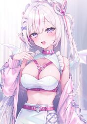 Rule 34 | 1girl, bat wings, belt, blush, breasts, cleavage, cleavage cutout, clothing cutout, commentary, crop top, dress, fang, highres, large breasts, long hair, multicolored hair, open mouth, original, pink belt, pink hair, purple eyes, purple nails, shu bii, skin fang, smile, solo, streaked hair, symbol-only commentary, two side up, white dress, white hair, white wings, wings