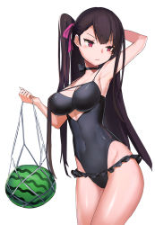 Rule 34 | 1girl, arm up, armpits, black hair, black one-piece swimsuit, blush, breasts, btraphen, cleavage, closed mouth, contrapposto, covered navel, cowboy shot, food, fruit, girls&#039; frontline, hair ribbon, hand up, highres, hip focus, large breasts, long hair, looking to the side, one-piece swimsuit, one side up, purple eyes, purple ribbon, ribbon, simple background, solo, standing, swimsuit, thighs, tsurime, very long hair, wa2000 (girls&#039; frontline), watermelon, white background