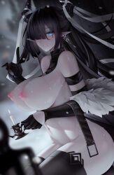 Rule 34 | 1girl, absurdres, arknights, arm strap, bare shoulders, belt, binggong asylum, black gloves, black hair, blue eyes, breasts, candle, character request, demon horns, detached sleeves, earrings, gloves, hair over one eye, highres, holding, holding candle, horns, huge breasts, index finger raised, jacket, jacket partially removed, jewelry, long hair, nipples, paid reward available, pointy ears, single earring, solo, thighhighs