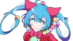 Rule 34 | 1girl, absurdres, ahoge, animal ears, blue eyes, blue hair, bow, bowtie, cat ears, cleavage cutout, close-up, closed mouth, clothing cutout, colorful, fang, fur (clothing), hair between eyes, hair ornament, hatsune miku, head tilt, highres, light smile, long hair, looking at viewer, looking up, ovexxxxx, parted bangs, pom pom (clothes), pom pom hair ornament, project sekai, red bow, red bowtie, simple background, solo, sparkle, star cutout, symbol-shaped pupils, tsurime, twintails, upper body, very long hair, vocaloid, wavy hair, white background, wonderlands x showtime miku
