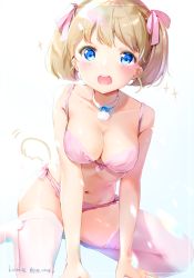Rule 34 | 1girl, :d, bare shoulders, blonde hair, blue eyes, bra, breasts, choker, cleavage, commentary request, hair ribbon, highres, kinako (shiratama mochi), looking at viewer, medium breasts, navel, open mouth, original, panties, pink bra, pink panties, pink ribbon, ribbon, short hair, smile, solo, sparkle, thighhighs, twitter username, underwear, underwear only, white choker, white thighhighs