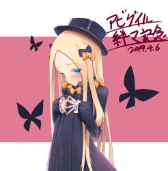 Rule 34 | 1girl, abigail williams (fate), animal print, black bow, black dress, black hat, blonde hair, blue eyes, blush, bow, butterfly print, commentary request, dated, dress, fate/grand order, fate (series), hair bow, hat, highres, long hair, long sleeves, looking at viewer, multiple hair bows, oniku (pixiv 28205308), orange bow, parted bangs, pink background, polka dot, polka dot bow, sleeves past wrists, smile, solo, translation request, two-tone background, upper body, very long hair, white background